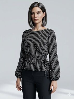 Treasure & Bond Black and White Patterned Peasant Blouse